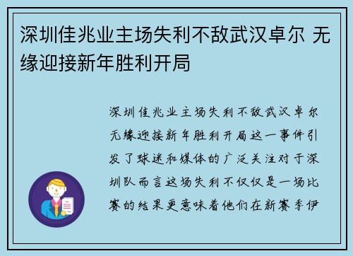 深圳佳兆业主场失利不敌武汉卓尔 无缘迎接新年胜利开局