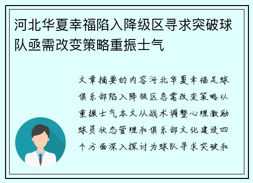 河北华夏幸福陷入降级区寻求突破球队亟需改变策略重振士气