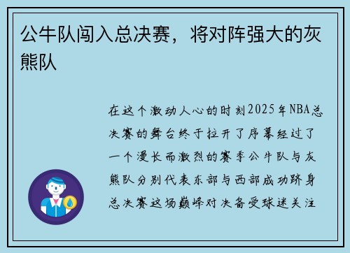公牛队闯入总决赛,将对阵强大的灰熊队