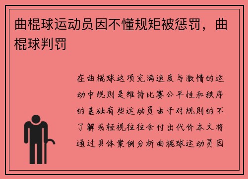 曲棍球运动员因不懂规矩被惩罚,曲棍球判罚