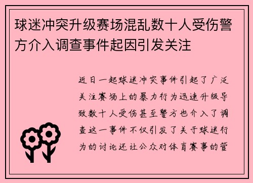 球迷冲突升级赛场混乱数十人受伤警方介入调查事件起因引发关注
