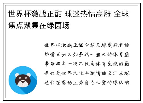 世界杯激战正酣 球迷热情高涨 全球焦点聚集在绿茵场