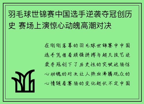 羽毛球世锦赛中国选手逆袭夺冠创历史 赛场上演惊心动魄高潮对决